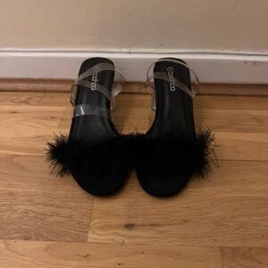 BAMBOO Black Sandals with Clear Straps and Feather Accents